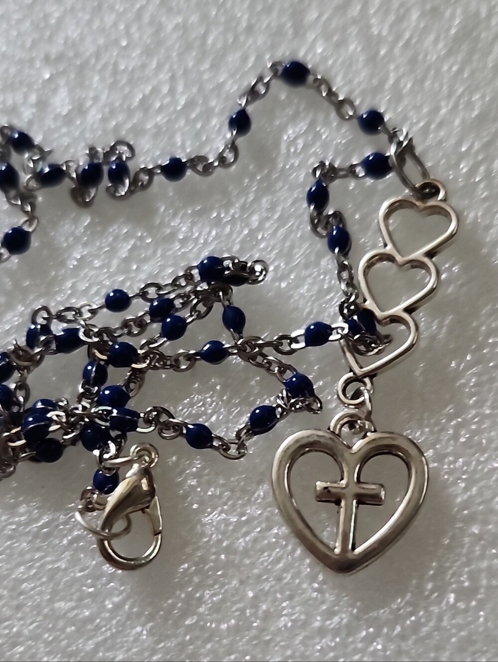 Hand Crafted Silver Heart & Cross Necklace with Navy Beads